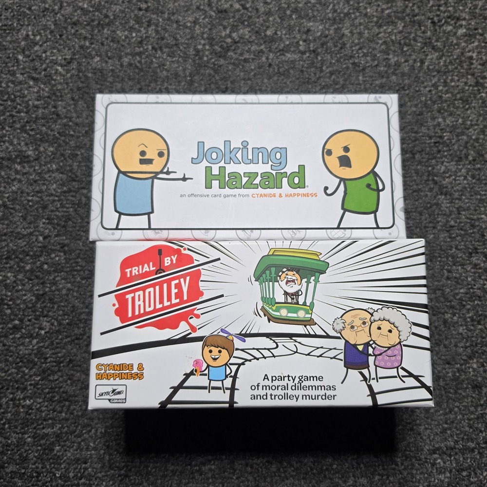 Cyanide & Happiness Card Game Lot Joking Hazard & Trial by Trolley